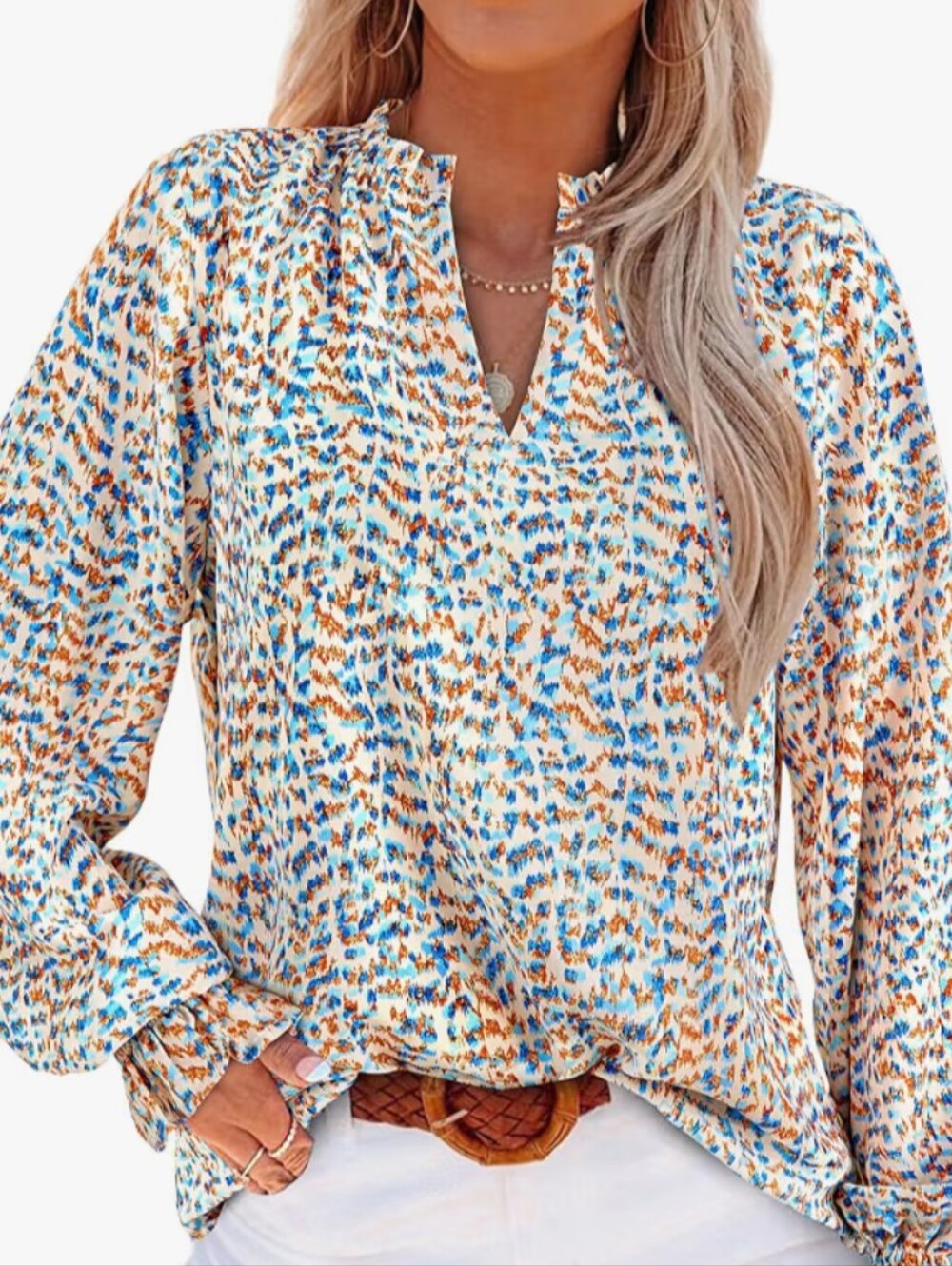 Women's Printed V-Neck Long Sleeve Blouse - Blue & Rust
